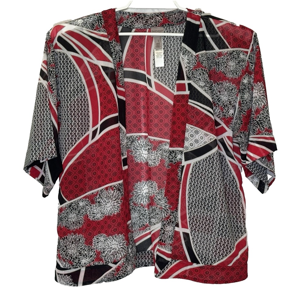 Chico's EASYWEAR Open Front Cardigan‎ Size 1 Red Black White Print Short Sleeve